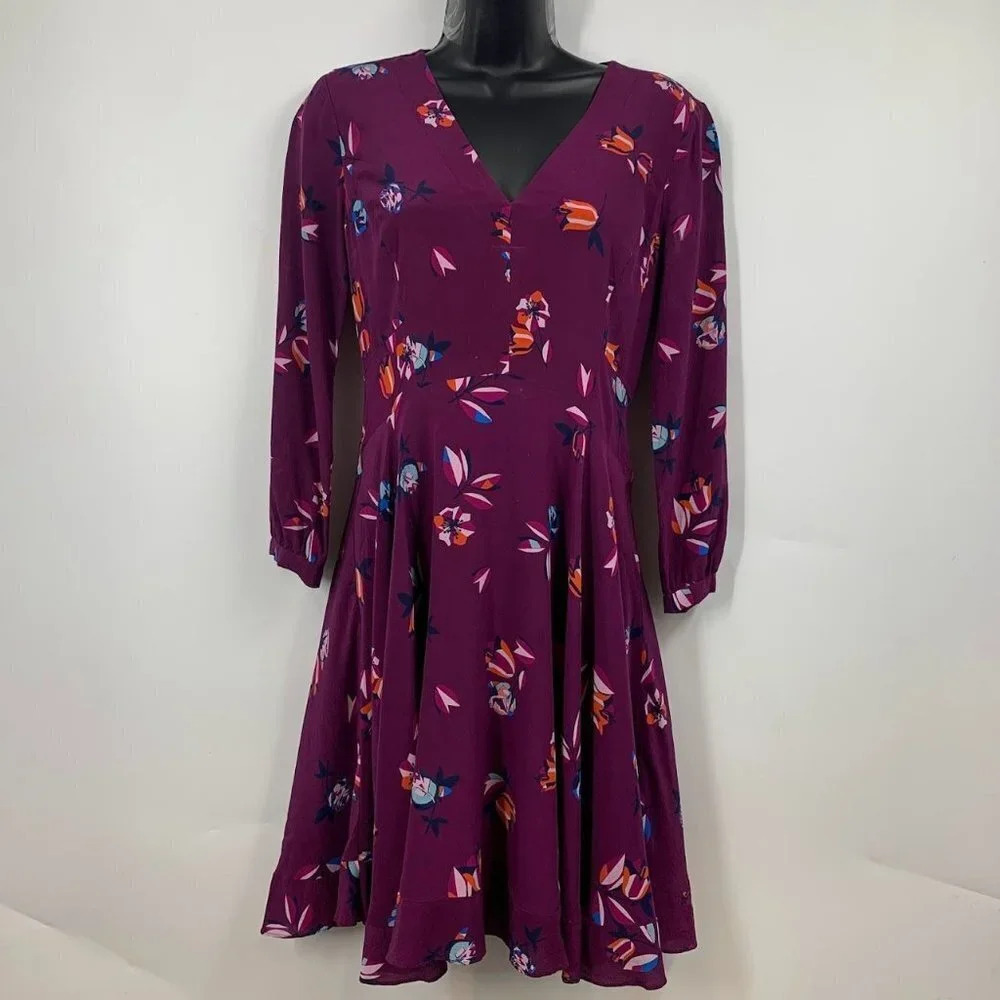 Rebecca Taylor Women's V Neck Floral Silk Long Sleeve Dress Size S